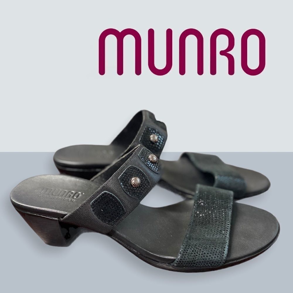 Munro Black Leather Slide Heeled Sandals 10